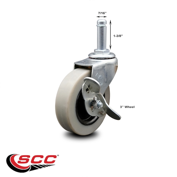 3 Inch Thermoplastic Rubber Wheel 1-3/8 Grip Ring Stem Caster with Brake SCC
